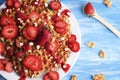 Waffles with strawberry on white plate on blue background. Top view flat lay