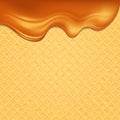 Waffles surface on which a glossy stream of golden caramel flows. Highly realistic illustration