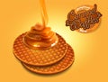 Design advertising waffles with caramel. Place for your text. Highly realistic illustration