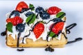 Waffles with whipped cream and fresh fruit. Royalty Free Stock Photo