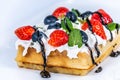 Waffles with whipped cream and fresh fruit. Royalty Free Stock Photo