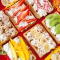 Waffles with whipped cream and fresh fruits on the top Royalty Free Stock Photo