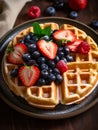 Wafle with fruits composition. Delicious homemade breakfest snack. Generative AI