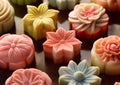 Wagashi colorful sweets with cherry blossom.Macro.AI Generative Royalty Free Stock Photo