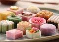 Wagashi colorful sweets with cherry blossom.Macro.AI Generative Royalty Free Stock Photo