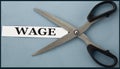 WAGE - word on white paper on a gray background with open scissors