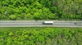 Wagon driving on the highway, aerial. Transport logistics background top view Royalty Free Stock Photo