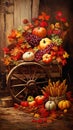 A wagon filled with different types of fruit and an autumn spiri