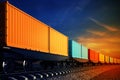 Wagon of freight train with containers on the sky background