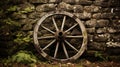 Wagon wheel casually leaning against a wall