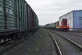 Wagons and diesel locomotives are waiting at the depot