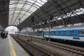 Wagons and train of Ceske Drahy (Czech Railways) transportation company in Praha Hlavni Nadrazi train station Royalty Free Stock Photo