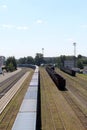 Railway station with freight cars on a summer day. Royalty Free Stock Photo