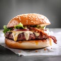 Wagyu beef burger with crispy fried bacon lettuce onions and melted cheddar cheese between toasted buns