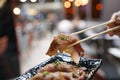 Wagyu beef nigiri sushi set - A plate of steamed rice wrapped by slice of grilled Okinawa beef and topped with chopped spring Royalty Free Stock Photo