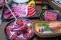 wagyu beef in plate on korean barbeque table in Japanese restaurant Royalty Free Stock Photo