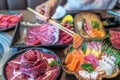 wagyu beef in plate on korean barbeque table in Japanese restaurant Royalty Free Stock Photo