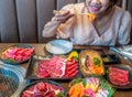 wagyu beef in plate on korean barbeque table in Japanese restaurant Royalty Free Stock Photo