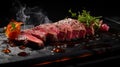 Wagyu beef steak, luxury japanese meat on black stone. AI generated image.