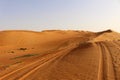 Tracks in the Desert Dunes of Wahiba Sands in Oman Royalty Free Stock Photo