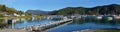 Waikawa Bay Early Morning Panorama with Jetty, Marlborough Sound, NZ Royalty Free Stock Photo