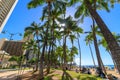 Waikiki beach lined with palm coconut trees in Honolulu, Hawaii Royalty Free Stock Photo