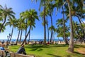 Waikiki beach lined with palm coconut trees in Honolulu, Hawaii Royalty Free Stock Photo