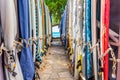 Waikiki, Hawaii/USA- Jan 25, 2019: Two rows of colourful surfboards stored off Waikiki Beach Royalty Free Stock Photo