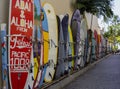 Waikiki, Honolulu, Hawaii - Nov 6, 2021-Surf boards are chained up by owners until the next surf Royalty Free Stock Photo