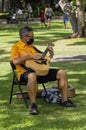 Waikiki, Honolulu, Hawaii - Oct 31, 2021-man playing a guitar in the shade of a tree at a park Royalty Free Stock Photo