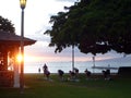 People do sunset yoga for charity on Waikiki Beach