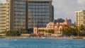 WAIKIKI, UNITED STATES OF AMERICA - JANUARY 12 2015: famous waikiki beach and the historic royal hawaiian hotel Royalty Free Stock Photo