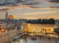 The wailing Wall and the Dome of the Rock in the Old city of Jerusalem at sunse Royalty Free Stock Photo