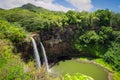 Wailua Falls, panoramic view of the twin waterfalls in a green setting, Kauai, Hawaii, USA Royalty Free Stock Photo