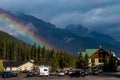 Waining rainbow over Mount Norquay lodge. Banff National Park Alberta Canada