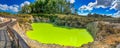 Waiotapu Thermal Track, beautiful colors under a blue sky, panoramic view