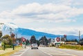 Vehicles travelling along State Highway One entering the small town of Waiouru in the Ruapehu District.