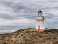 Waipapa Point lighthouse on South Island of New Zealand under cloudy sky