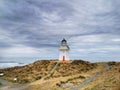 Waipapa Point lighthouse of the Southern Otago region of the South Island of New Zealand under greyish moody sky