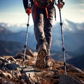 Waist down shoot of a hiker\'s sturdy boots tread a rugged mountain trail, symbolizing the spirit of exploration.