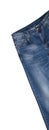 Waist, front pocket, zipper, leg areas of dark blue jeans slightly tilted on white background. Jeans have faded white spots on