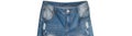 Waist and front pockets parts of light blue jeans on white background. Jeans have faded white spots, ripped holes in them.