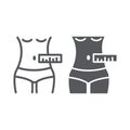 Waist measurement line and glyph icon, tailor and measure, female body measuring sign, vector graphics, a linear pattern