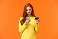 Waist-up portrait carefree modern young girl making online purchase, shopping internet using mobile application, insert Royalty Free Stock Photo