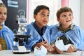 Waist up portrait of the curious children listening chemistry lesson