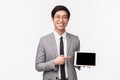 Waist-up portrait of pleasant confident asian office manager, wearing glasses and suit, holding digital tablet and Royalty Free Stock Photo