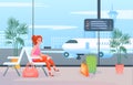 Wait in airport vector illustration. Cartoon flat woman tourist passenger character sitting with luggage travel bag in Royalty Free Stock Photo