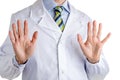 Wait and listen gesture by man in medical coat Royalty Free Stock Photo