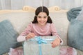 Wait for santa claus. Christmas time. Happy child with present box. Happy new year. Celebrate. Tenderness concept. Happy Royalty Free Stock Photo