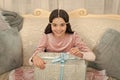 Wait for santa claus. Christmas time. Happy child with present box. Happy new year. Celebrate. Tenderness concept. Happy Royalty Free Stock Photo